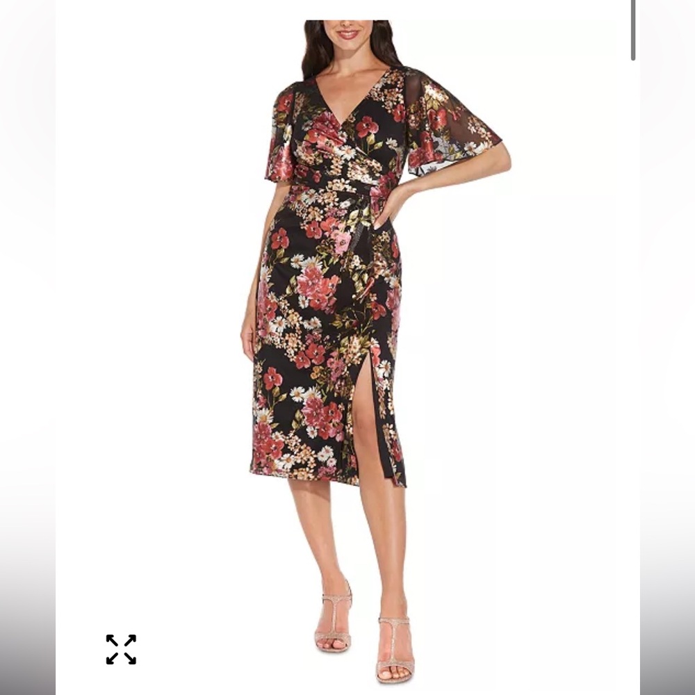 Adrianna Papell Floral Foiled Print Mesh Draped Midi Dress